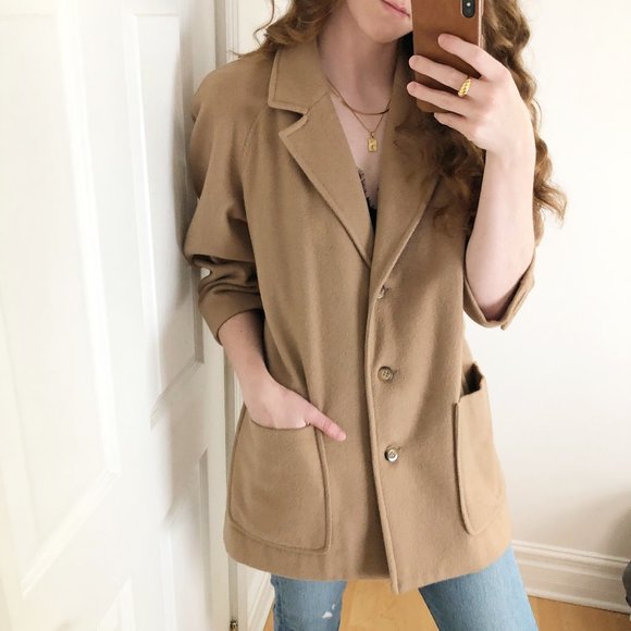 Stunning Vintage Oversized Camel Hair & Wool Blend Long Tan Blazer Coat Jacket - Picture 3 of 13